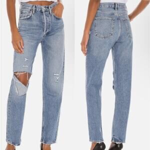 Agolde 90's Pinch Waist Lineup Blue Distressed High-rise Straight Jeans, size 25